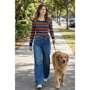 Old Navy Y2K Style Woman's SMALL Colorful Rainbow Stripe Thermal Waffle Knit Top